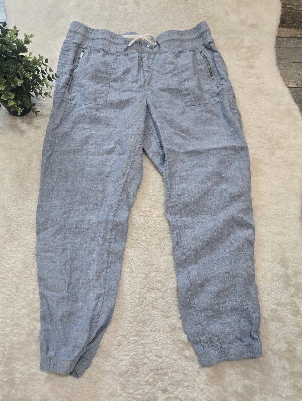 Athleta Cabo Blue Linen Chambray Drawstring Beachy Lagenlook Jogger Pants, 16